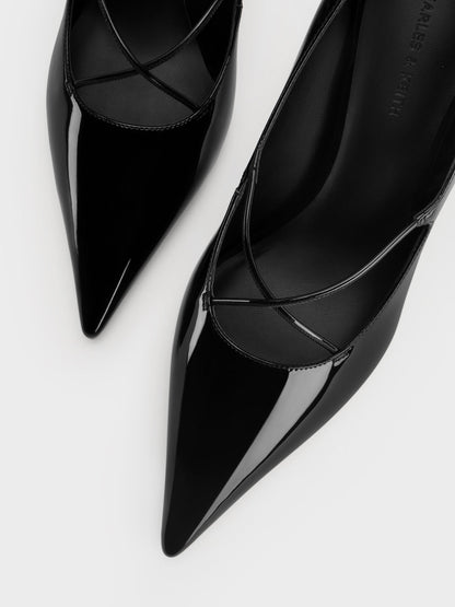 CHARLES & KEITH Classic / Patent Crossover Pointed Pumps - Black Patent