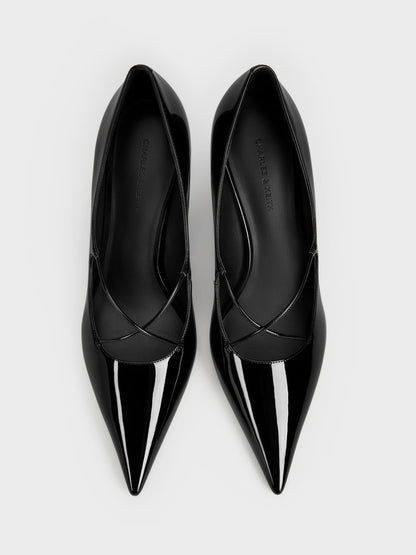 CHARLES & KEITH Classic / Patent Crossover Pointed Pumps - Black Patent