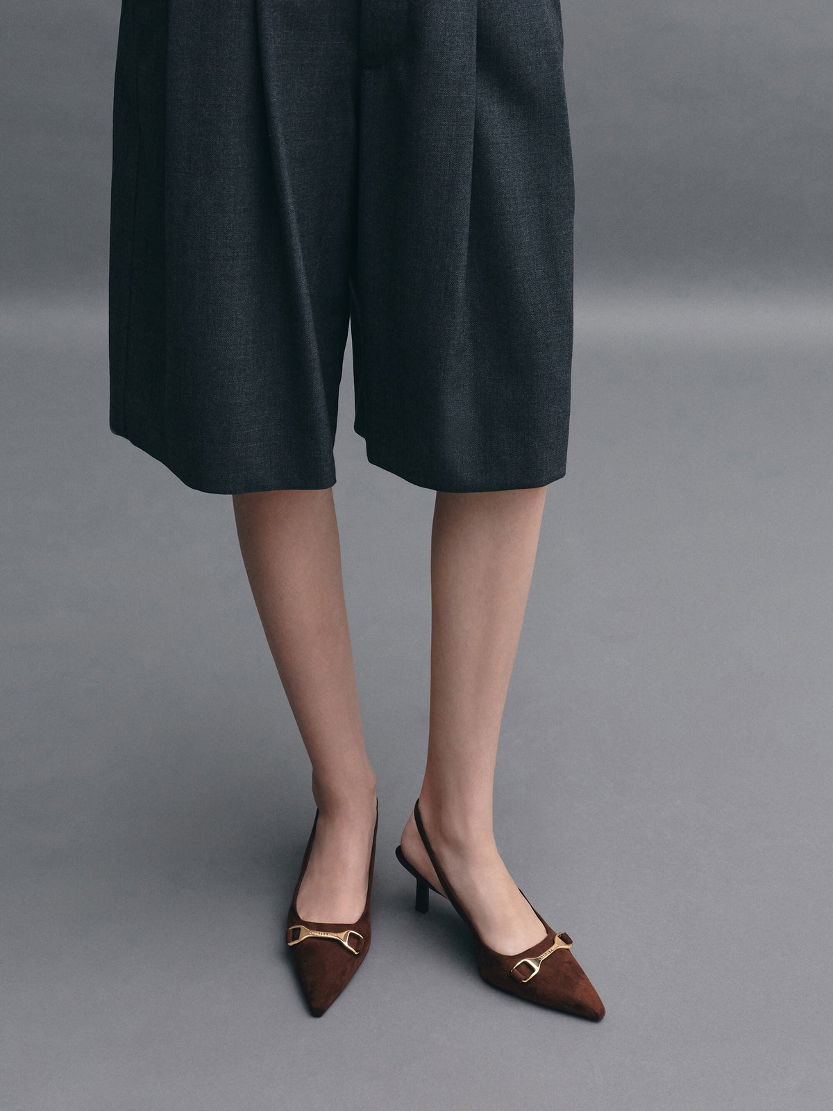 CHARLES & KEITH Featured / Leslie Faux Suede Slingback Pumps - Dark Brown Textured