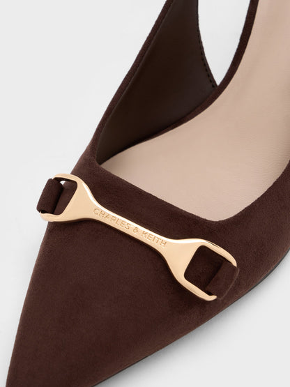 CHARLES & KEITH Featured / Leslie Faux Suede Slingback Pumps - Dark Brown Textured