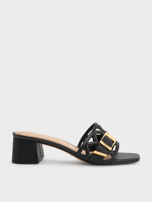 CHARLES & KEITH New / Whitney Leather Cut-Out Heeled Mules - Black