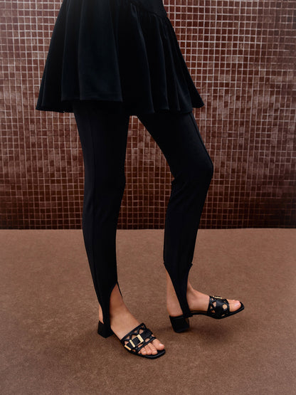 CHARLES & KEITH New / Whitney Leather Cut-Out Heeled Mules - Black