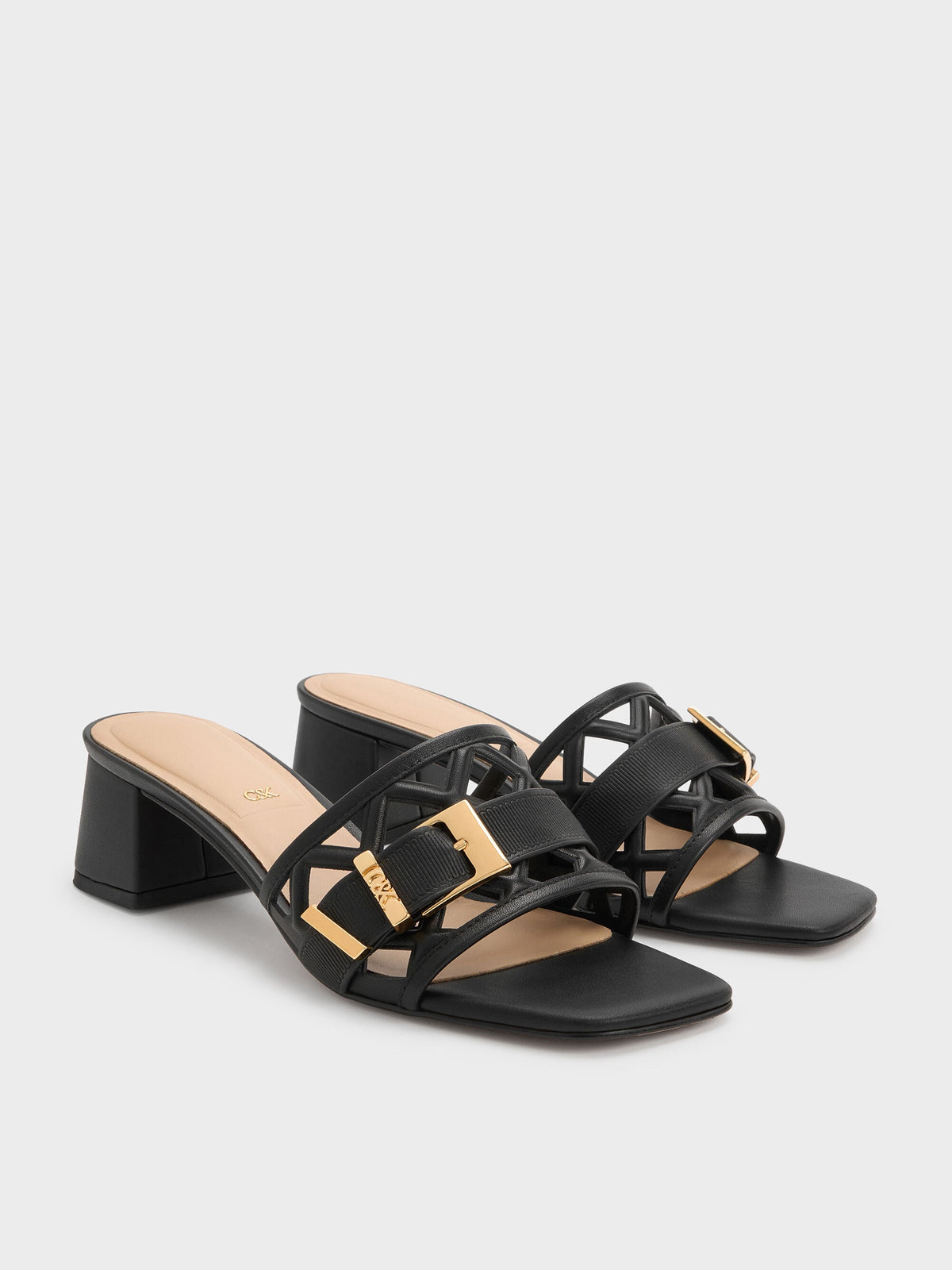 CHARLES & KEITH New / Whitney Leather Cut-Out Heeled Mules - Black