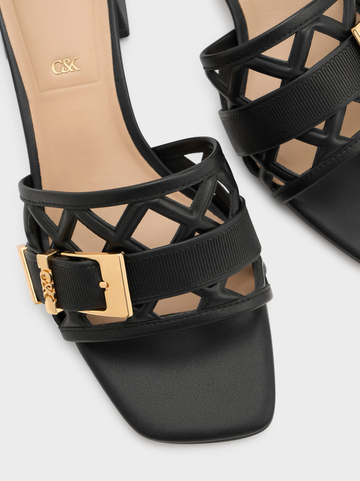 CHARLES & KEITH New / Whitney Leather Cut-Out Heeled Mules - Black