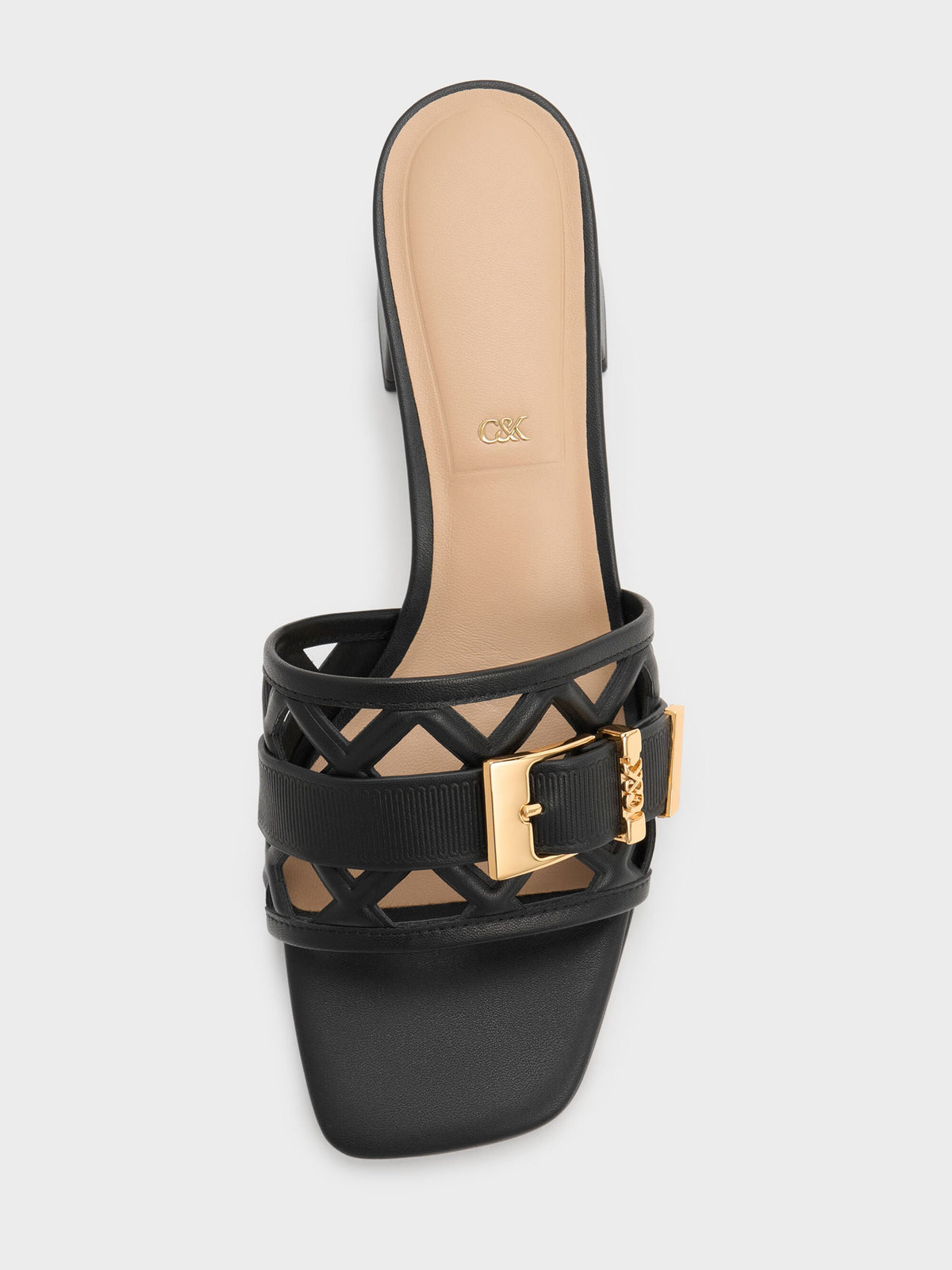 CHARLES & KEITH New / Whitney Leather Cut-Out Heeled Mules - Black