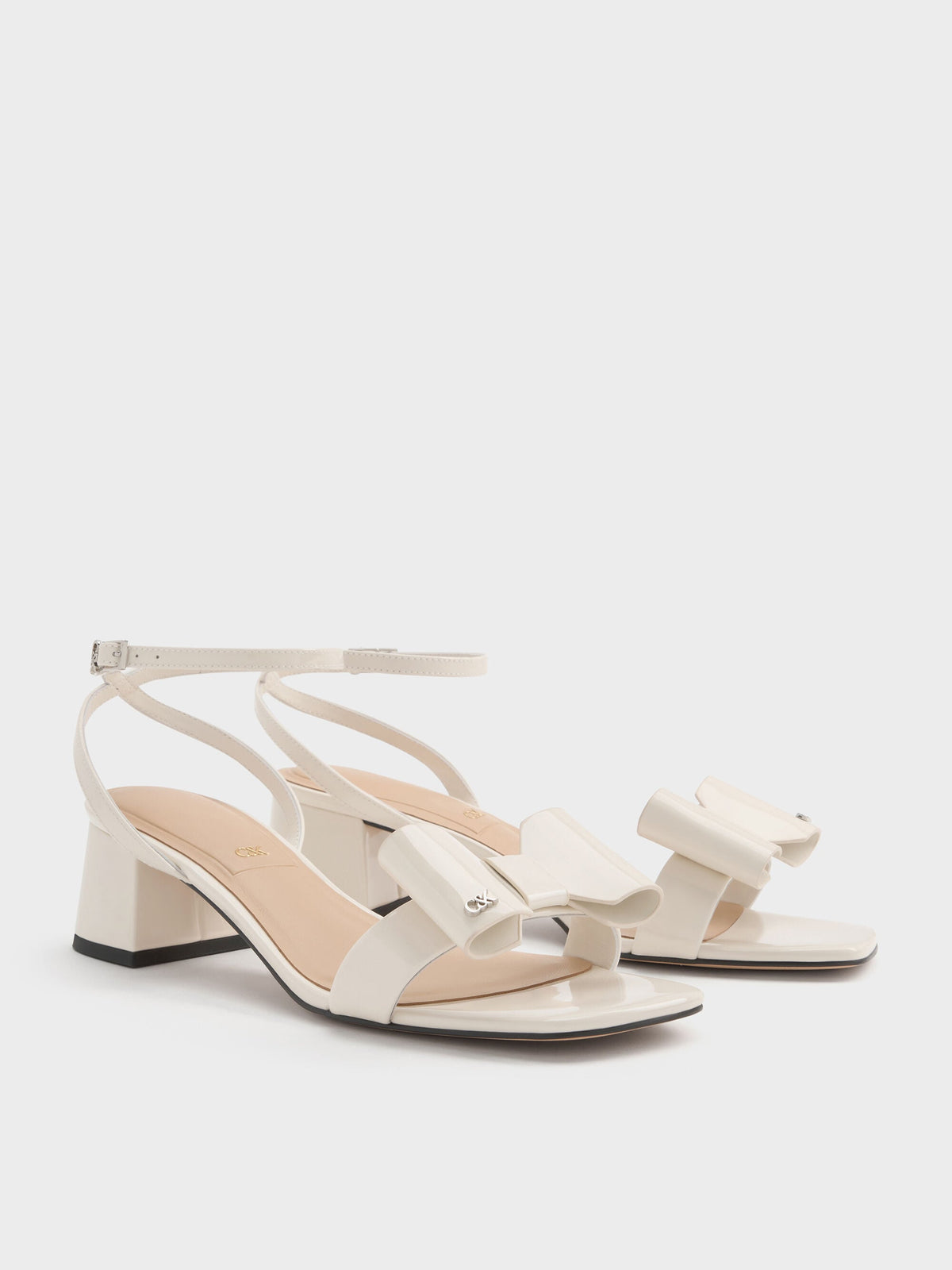 CHARLES & KEITH Quality / Lu Patent Leather Bow Heeled Sandals - Chalk