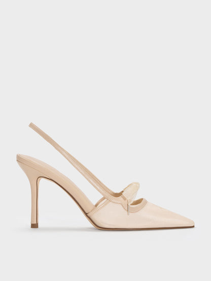 CHARLES & KEITH Popular / Venetia Mesh Bow Pointed Slingback Pumps - Nude