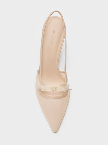 CHARLES & KEITH Popular / Venetia Mesh Bow Pointed Slingback Pumps - Nude