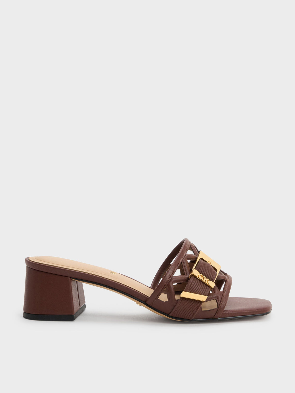 CHARLES & KEITH New / Whitney Leather Cut-Out Heeled Mules - Brown