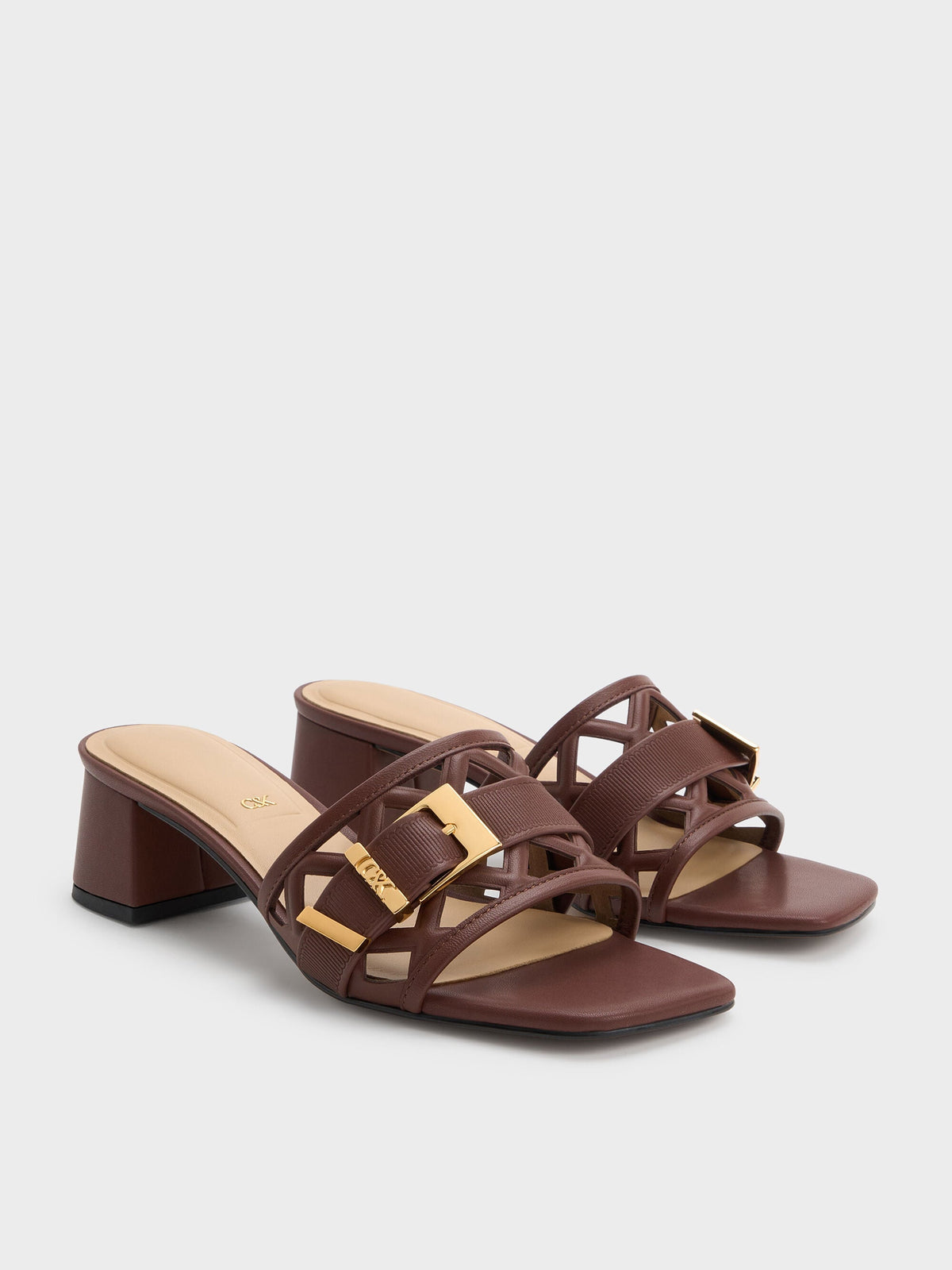 CHARLES & KEITH New / Whitney Leather Cut-Out Heeled Mules - Brown