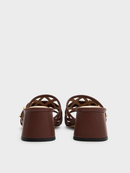 CHARLES & KEITH New / Whitney Leather Cut-Out Heeled Mules - Brown