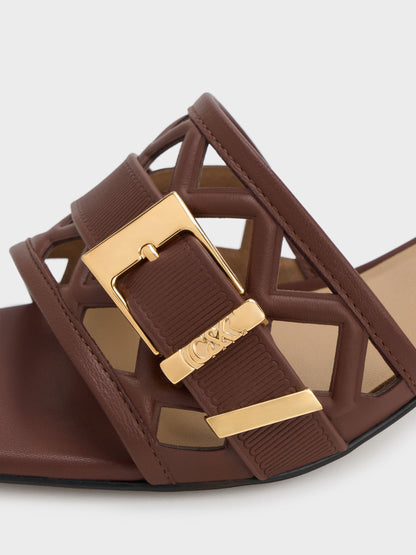 CHARLES & KEITH New / Whitney Leather Cut-Out Heeled Mules - Brown