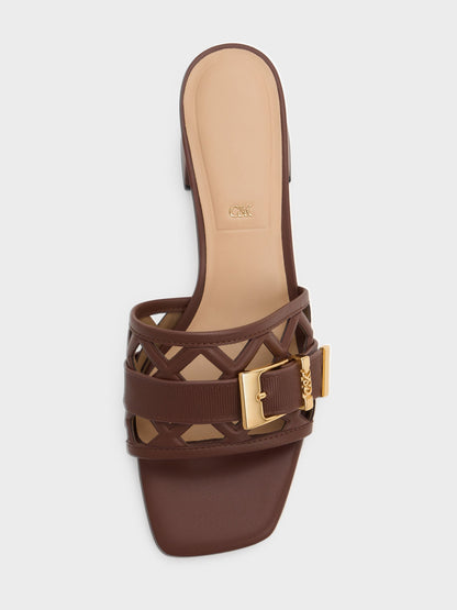 CHARLES & KEITH New / Whitney Leather Cut-Out Heeled Mules - Brown