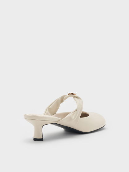 CHARLES & KEITH Popular / Metallic-Accent Twisted-Strap Heeled Mules - Chalk