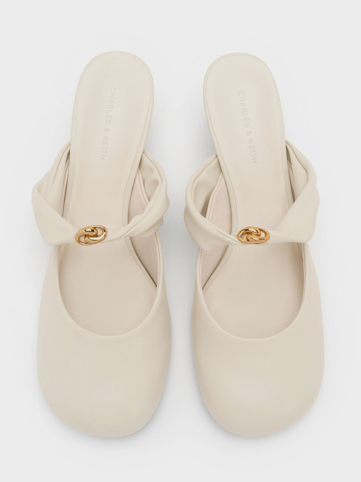 CHARLES & KEITH Popular / Metallic-Accent Twisted-Strap Heeled Mules - Chalk