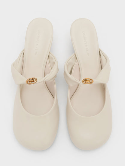 CHARLES & KEITH Popular / Metallic-Accent Twisted-Strap Heeled Mules - Chalk