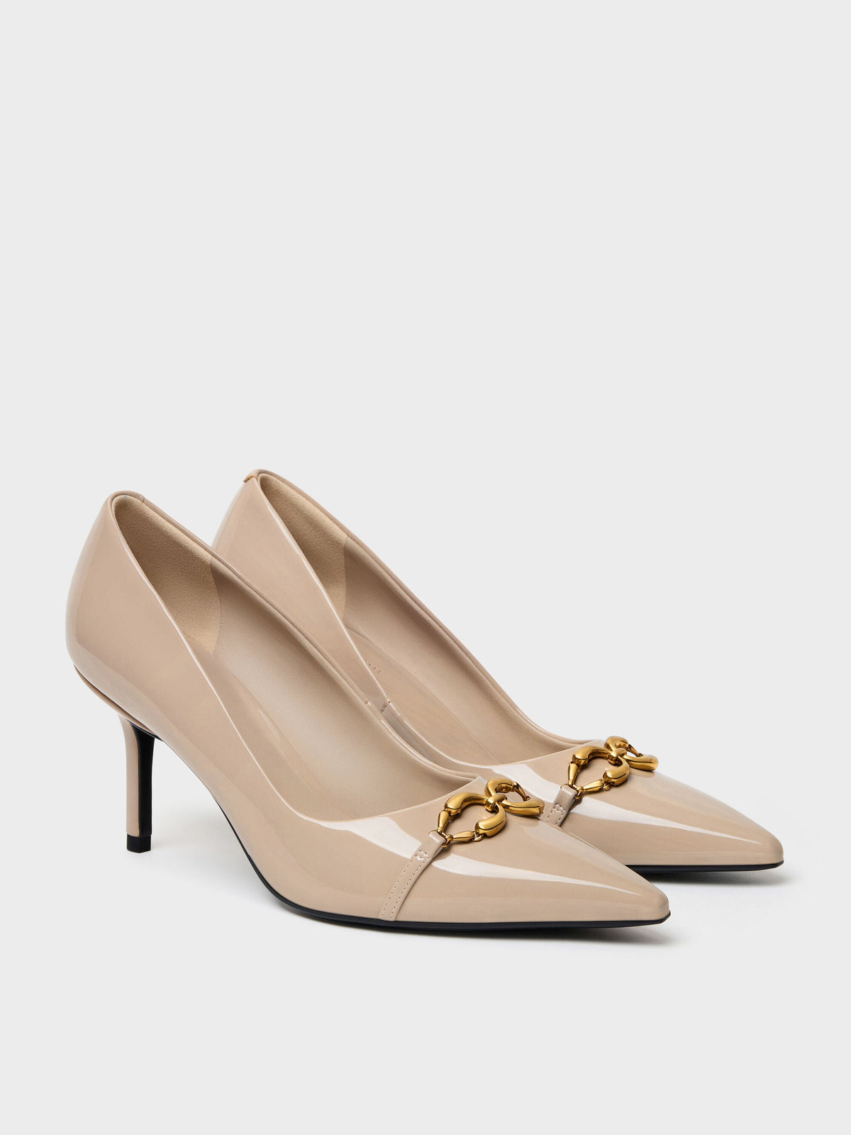 CHARLES & KEITH Signature / Patent Metallic-Buckle Pointed Pumps - Nude