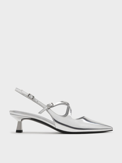 CHARLES & KEITH Exclusive / Pauline Metallic Crossover Kitten Heels - Silver