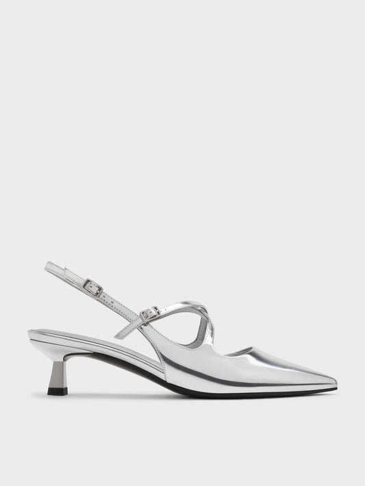 CHARLES & KEITH Exclusive / Pauline Metallic Crossover Kitten Heels - Silver