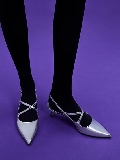 CHARLES & KEITH Exclusive / Pauline Metallic Crossover Kitten Heels - Silver