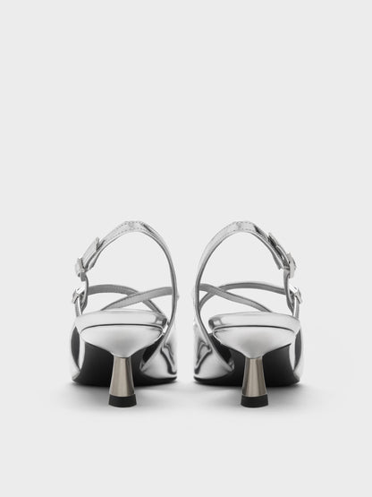 CHARLES & KEITH Exclusive / Pauline Metallic Crossover Kitten Heels - Silver