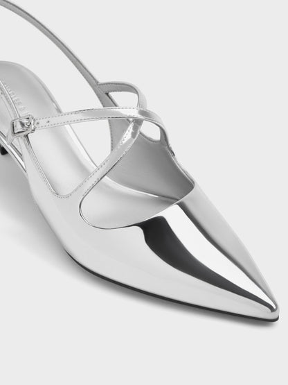 CHARLES & KEITH Exclusive / Pauline Metallic Crossover Kitten Heels - Silver
