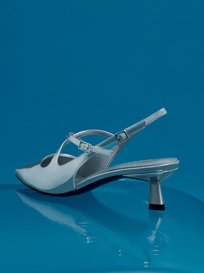 CHARLES & KEITH Exclusive / Pauline Metallic Crossover Kitten Heels - Silver