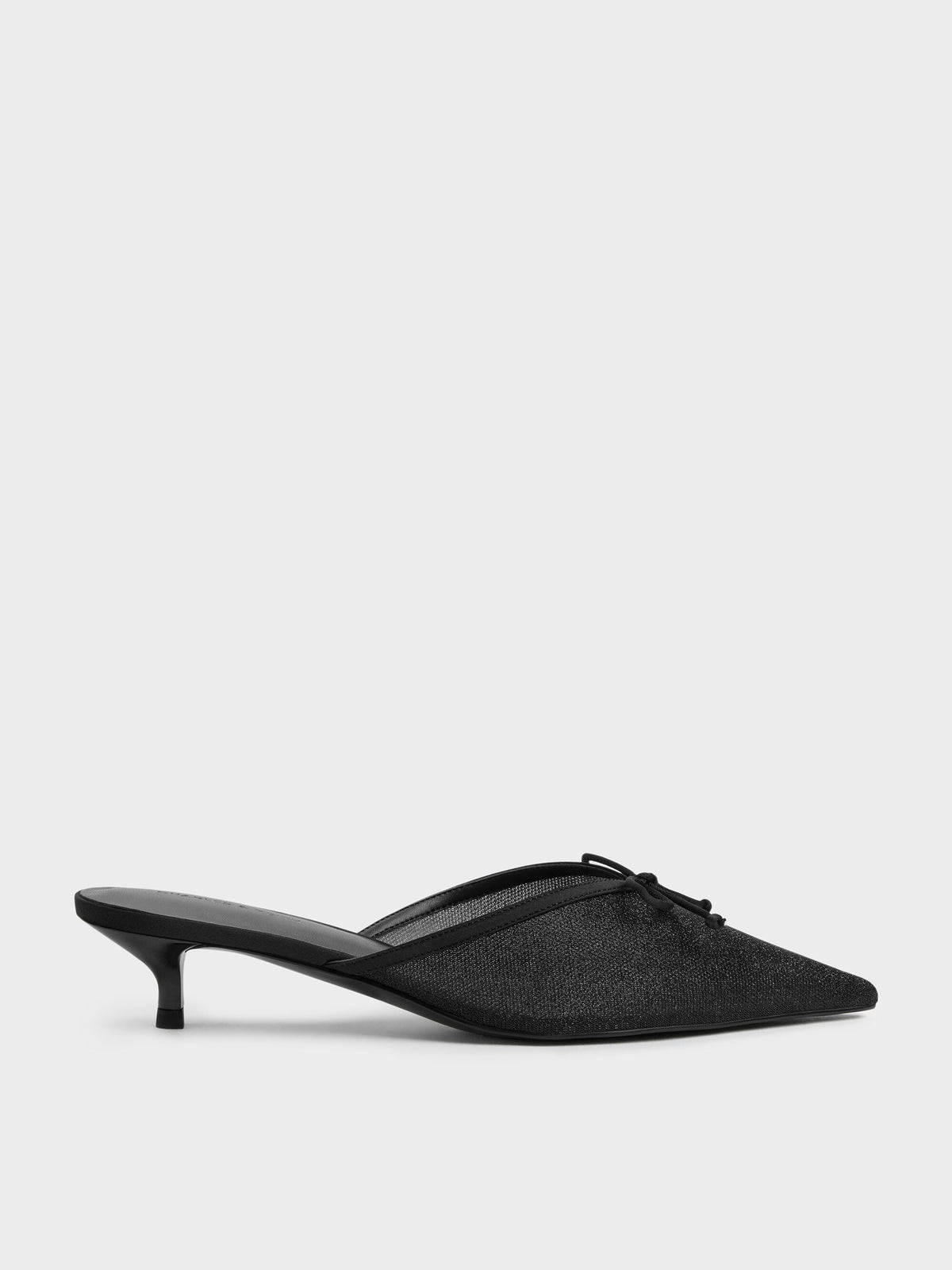 CHARLES & KEITH Hot Sale / Glittered Mesh Bow Kitten Heels - Black Textured