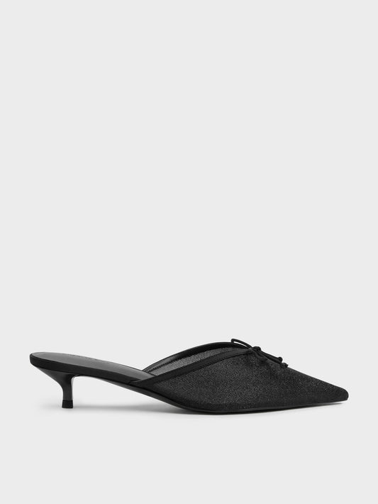 CHARLES & KEITH Hot Sale / Glittered Mesh Bow Kitten Heels - Black Textured