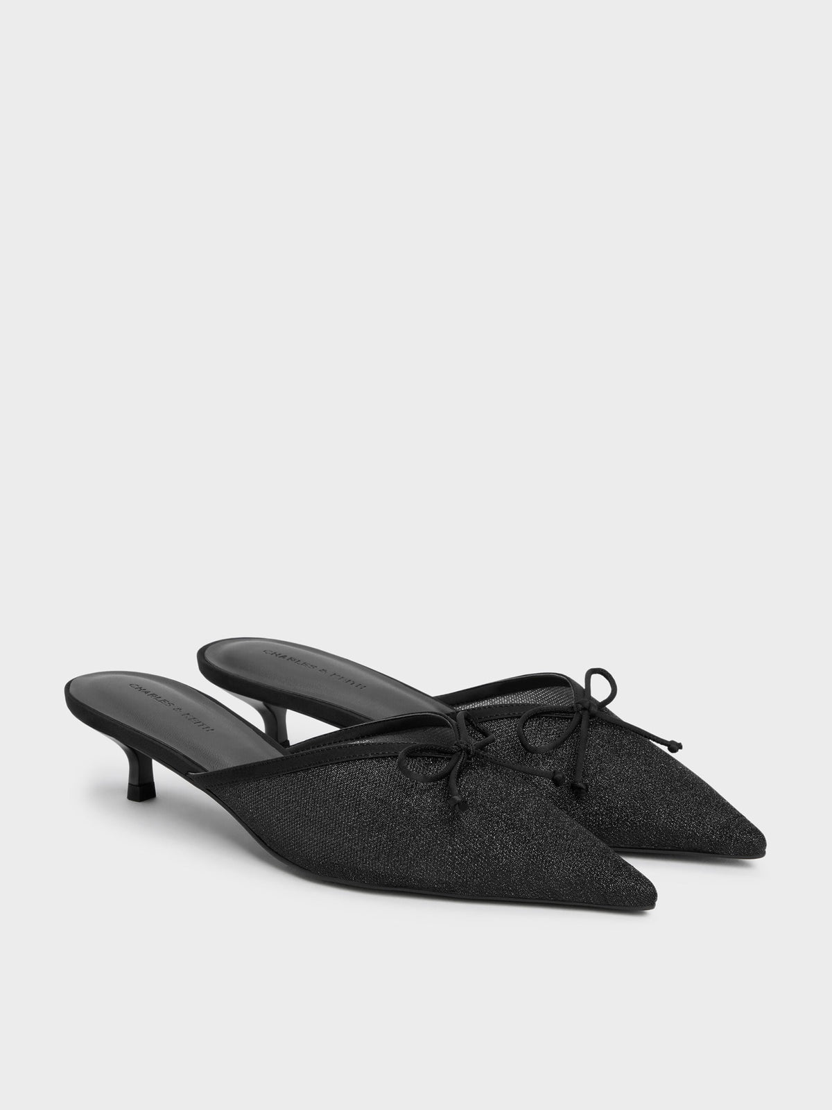 CHARLES & KEITH Hot Sale / Glittered Mesh Bow Kitten Heels - Black Textured