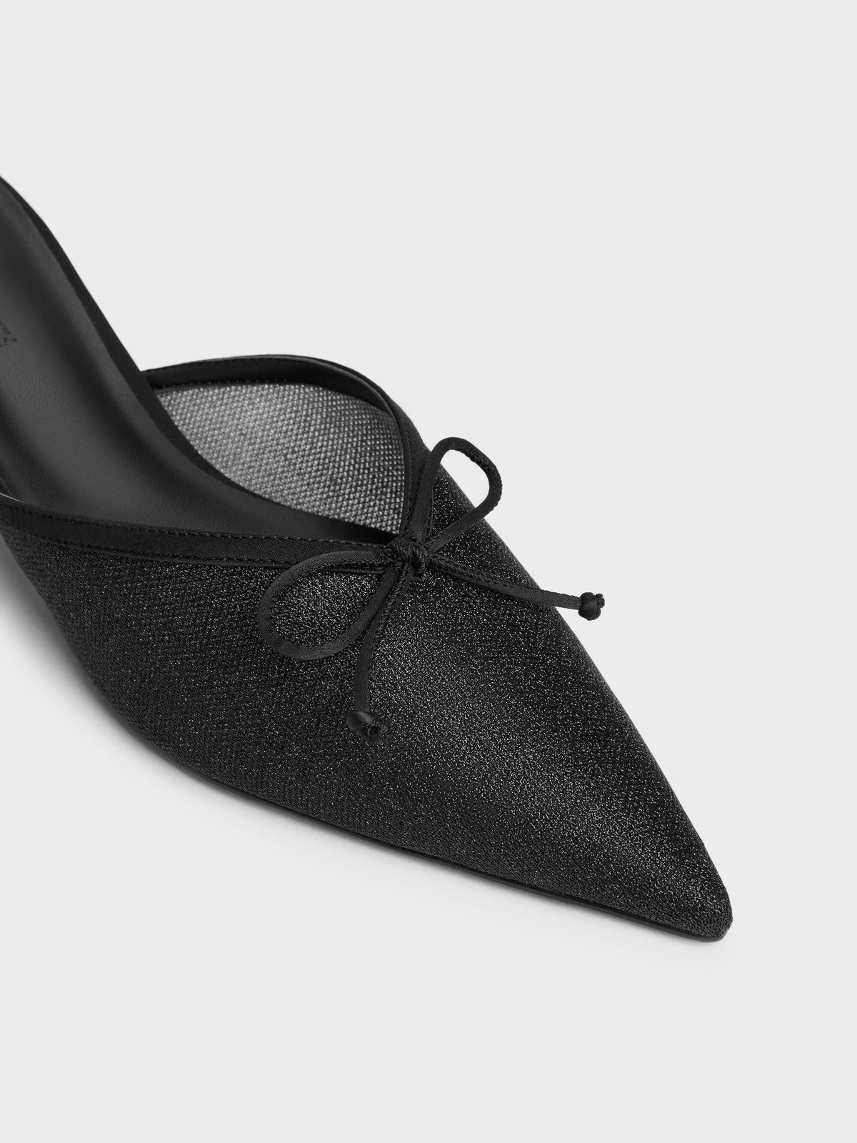 CHARLES & KEITH Hot Sale / Glittered Mesh Bow Kitten Heels - Black Textured