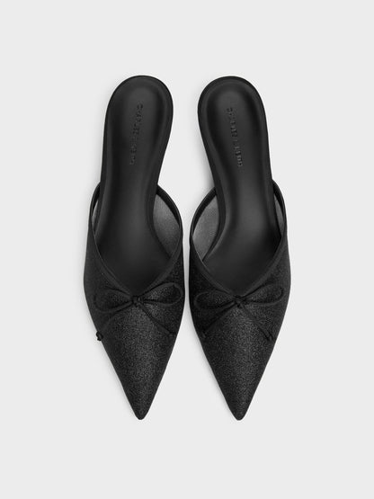 CHARLES & KEITH Hot Sale / Glittered Mesh Bow Kitten Heels - Black Textured