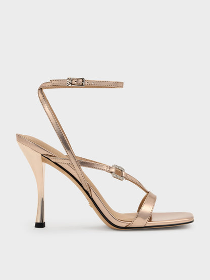 CHARLES & KEITH Great Value / Metallic Leather Crystal-Buckle Ankle-Strap Heels - Bronze