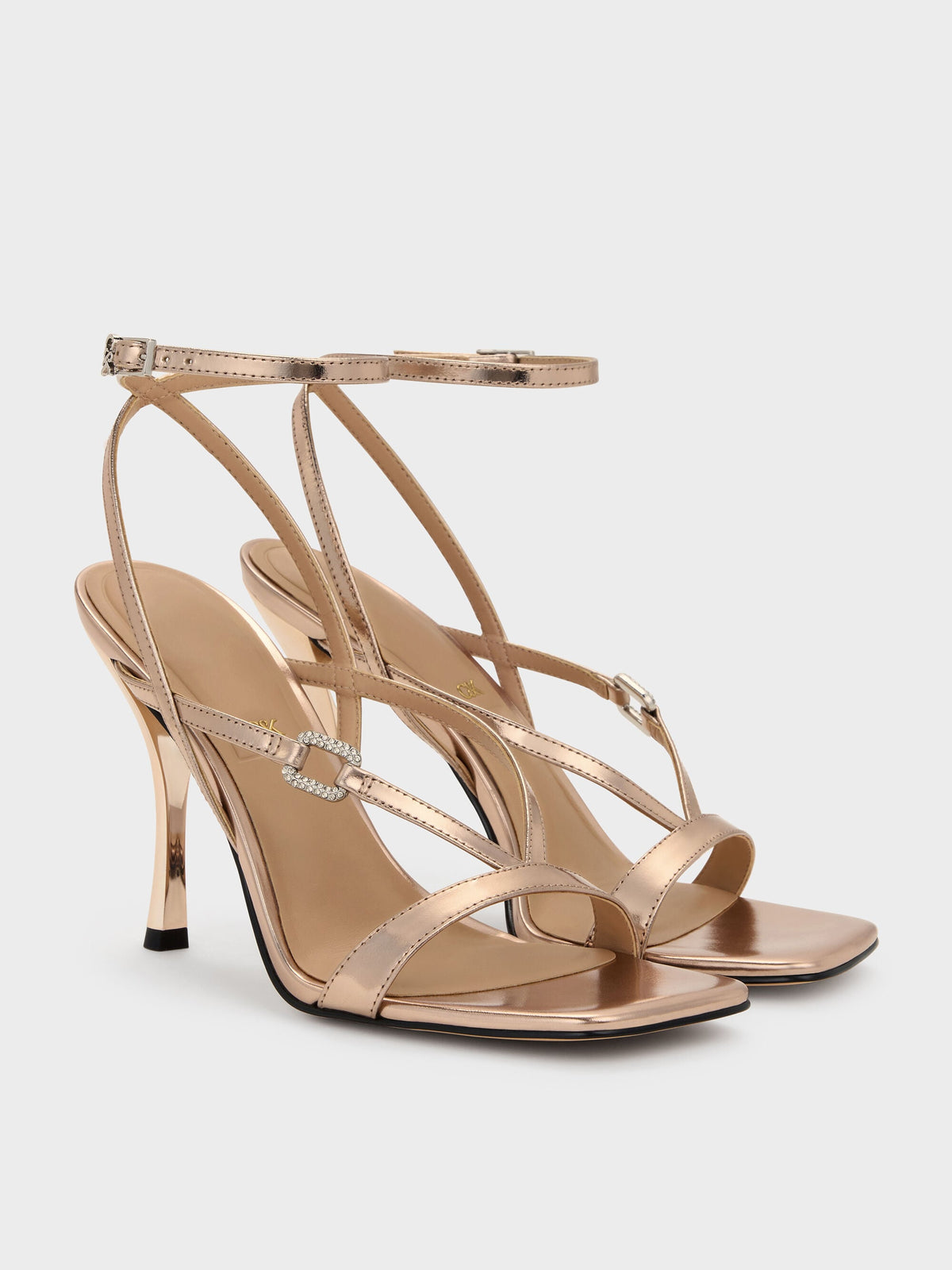 CHARLES & KEITH Great Value / Metallic Leather Crystal-Buckle Ankle-Strap Heels - Bronze