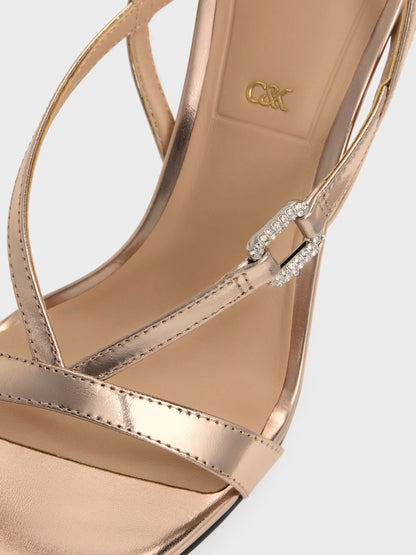 CHARLES & KEITH Great Value / Metallic Leather Crystal-Buckle Ankle-Strap Heels - Bronze