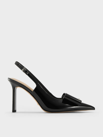 CHARLES & KEITH Recommended / Lu Patent Leather Bow Slingback Pumps - Black Patent