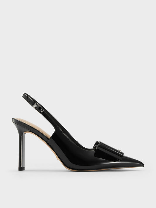 CHARLES & KEITH Recommended / Lu Patent Leather Bow Slingback Pumps - Black Patent