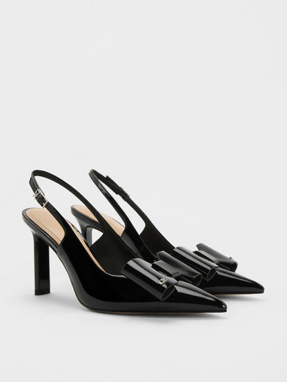 CHARLES & KEITH Recommended / Lu Patent Leather Bow Slingback Pumps - Black Patent