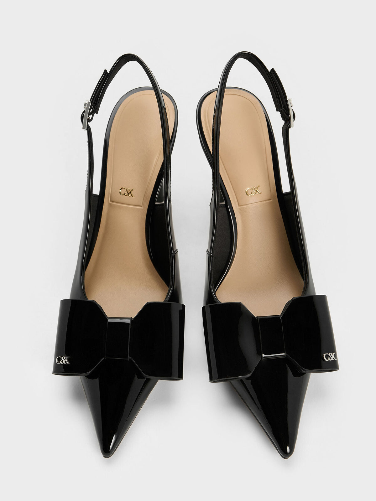 CHARLES & KEITH Recommended / Lu Patent Leather Bow Slingback Pumps - Black Patent