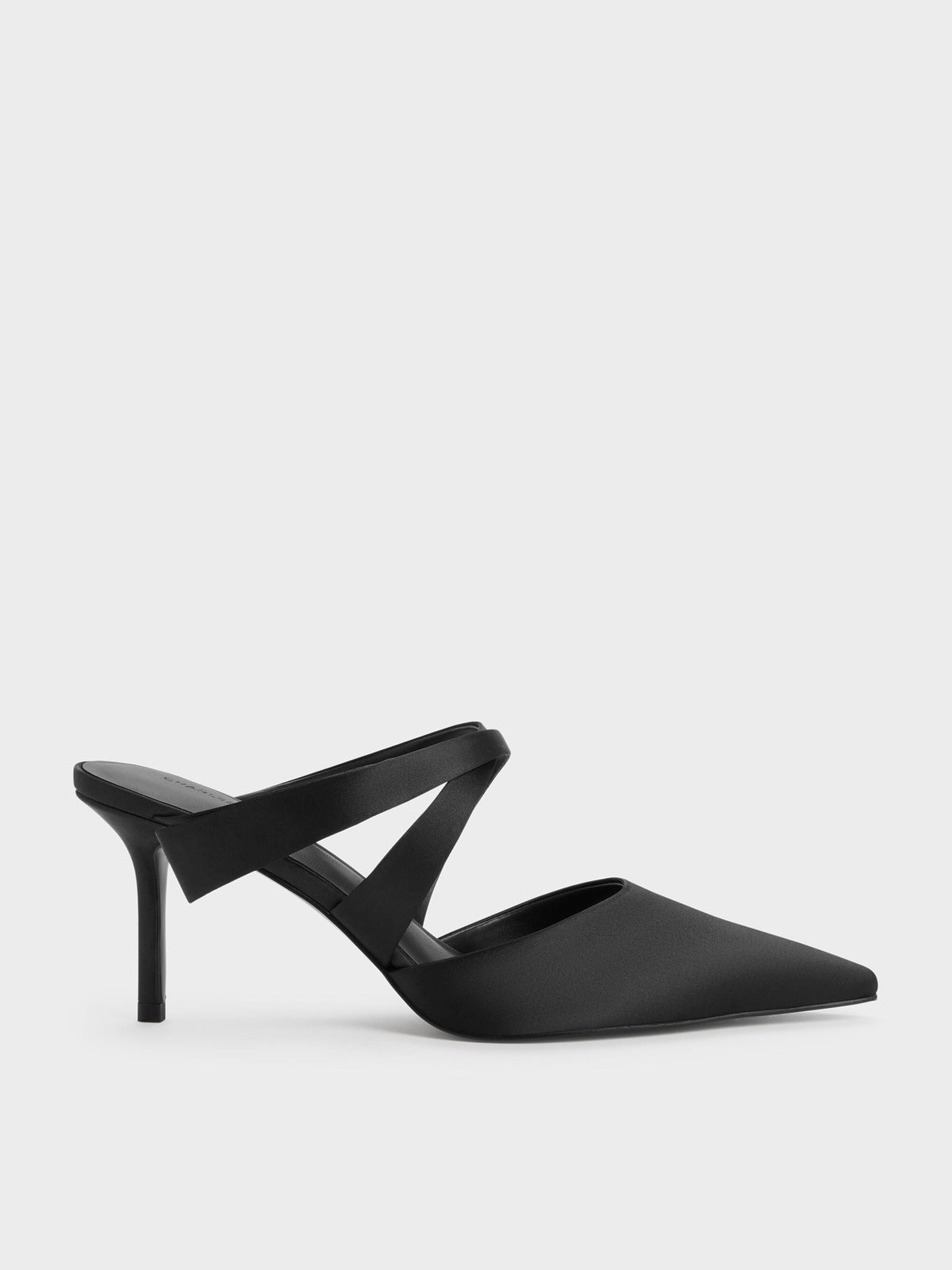 CHARLES & KEITH Hot Sale / Satin Pleated-Strap Heeled Mules - Black Textured