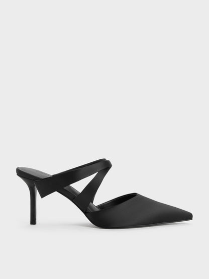 CHARLES & KEITH Hot Sale / Satin Pleated-Strap Heeled Mules - Black Textured