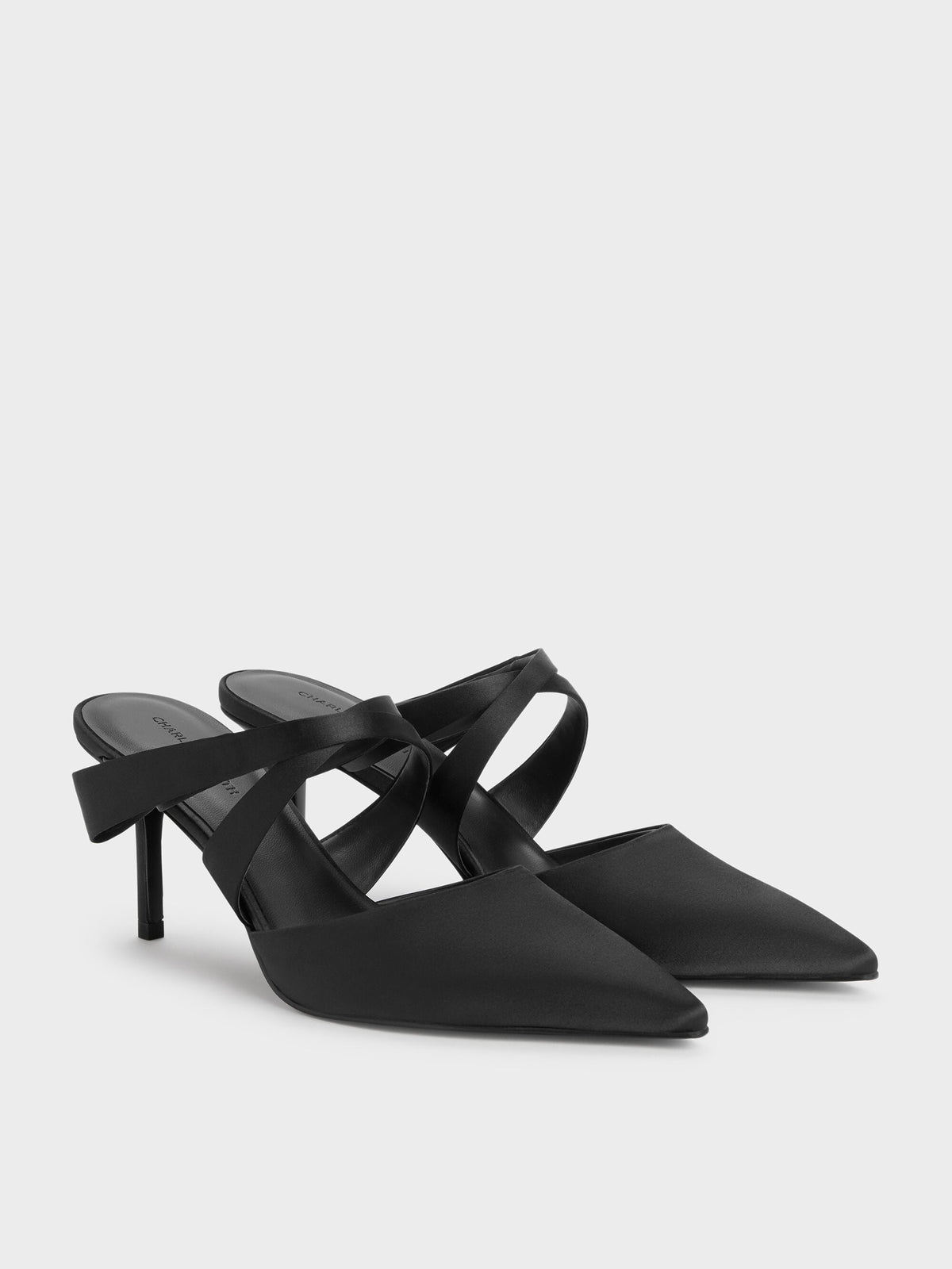 CHARLES & KEITH Hot Sale / Satin Pleated-Strap Heeled Mules - Black Textured