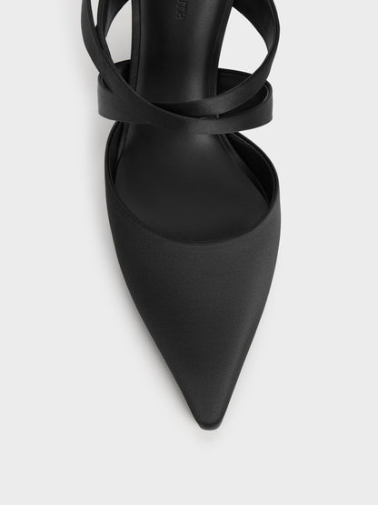CHARLES & KEITH Hot Sale / Satin Pleated-Strap Heeled Mules - Black Textured