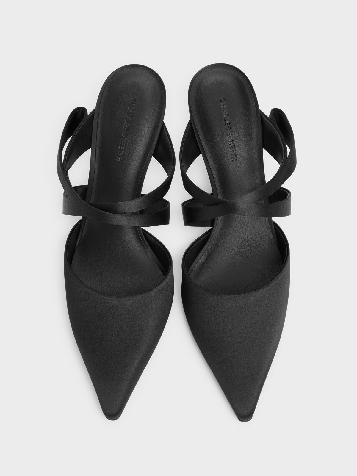 CHARLES & KEITH Hot Sale / Satin Pleated-Strap Heeled Mules - Black Textured