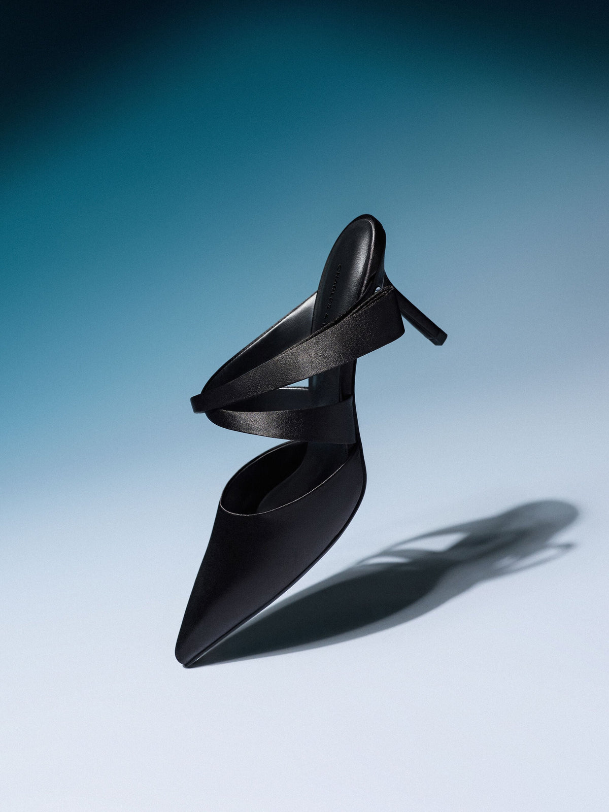 CHARLES & KEITH Hot Sale / Satin Pleated-Strap Heeled Mules - Black Textured