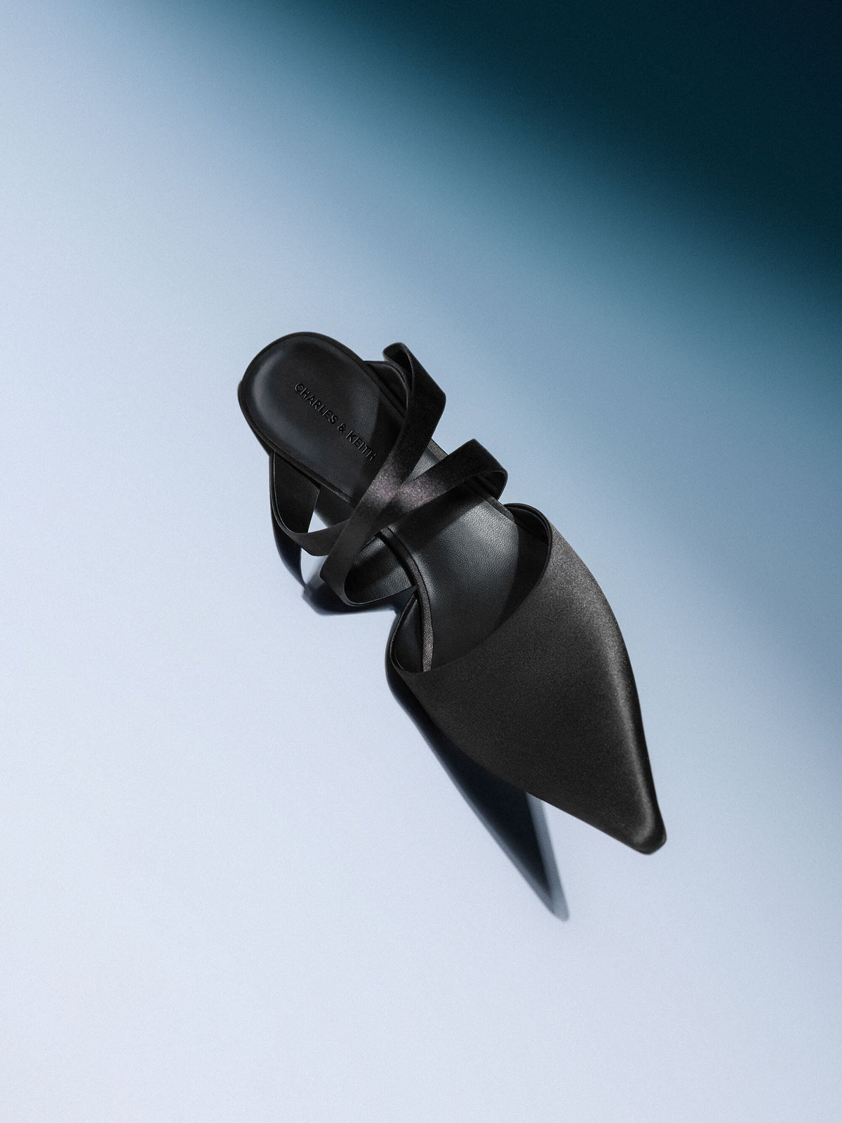 CHARLES & KEITH Hot Sale / Satin Pleated-Strap Heeled Mules - Black Textured