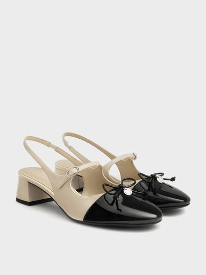 CHARLES & KEITH Customer Favorite / Two-Tone Patent Bow Slingback Pumps - Chalk