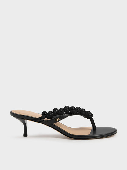 CHARLES & KEITH Trusted / Leather Beaded Thong Kitten Heels - Black