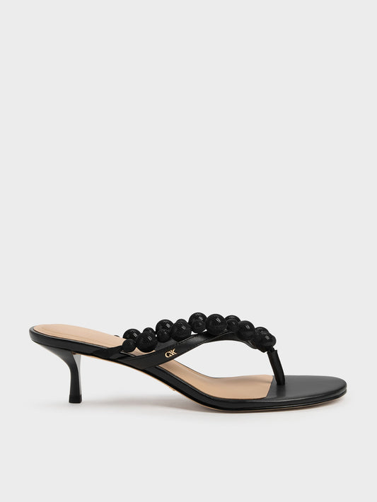 CHARLES & KEITH Trusted / Leather Beaded Thong Kitten Heels - Black