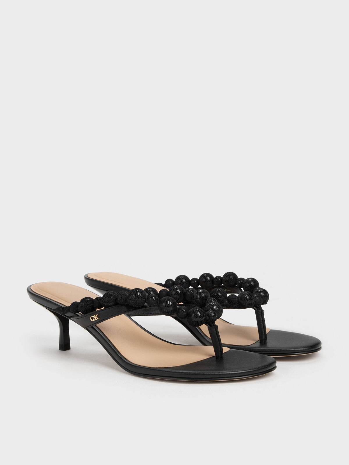 CHARLES & KEITH Trusted / Leather Beaded Thong Kitten Heels - Black